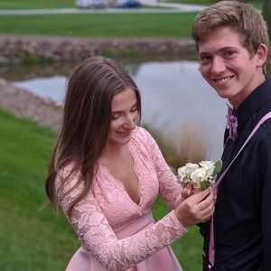 PromGirl Long Sleeve V Neck Blush Homecoming Dress